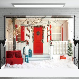 Aperturee Snowy White Red Porch Festive Christmas Backdrop