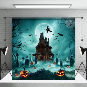 Aperturee Spooky Pumpkin Cemetery Castle Halloween Backdrop - Aperturee