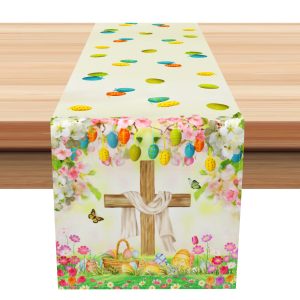 Aperturee Spring Colorful Egg Cross Floral Easter Table Runner | Seasonal Printed Table Runner | Custom Table Cloth Runner | Flower Table Runner