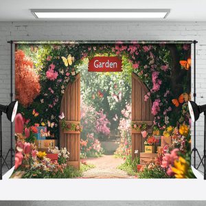 Aperturee Spring Colorful Floral Garden Gate Easter Backdrop, 3X2FT(1MX0.6M), 14 USD, AHF333A-M, easter backdrops