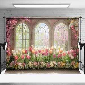 Aperturee Spring Colorful Floral Window Scene Photo Backdrop | Spring Flower Backdrop | Spring Backdrop For Pictures | Spring Themed Backdrop