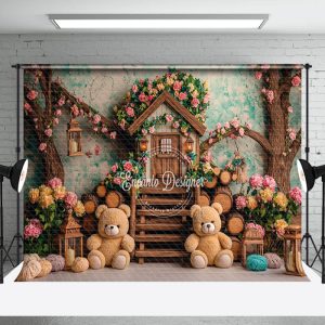 Aperturee Spring Floral Tree House Bear Cake Smash Backdrop | Best Photography Backdrop | Photo Studio Backdrop | Photography Cloth Backdrop