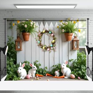 Aperturee Spring Greenery Wreath Bunny Easter Photo Backdrop, 3X2FT(1MX0.6M), 14 USD, easter backdrops, NYHD6I04-M