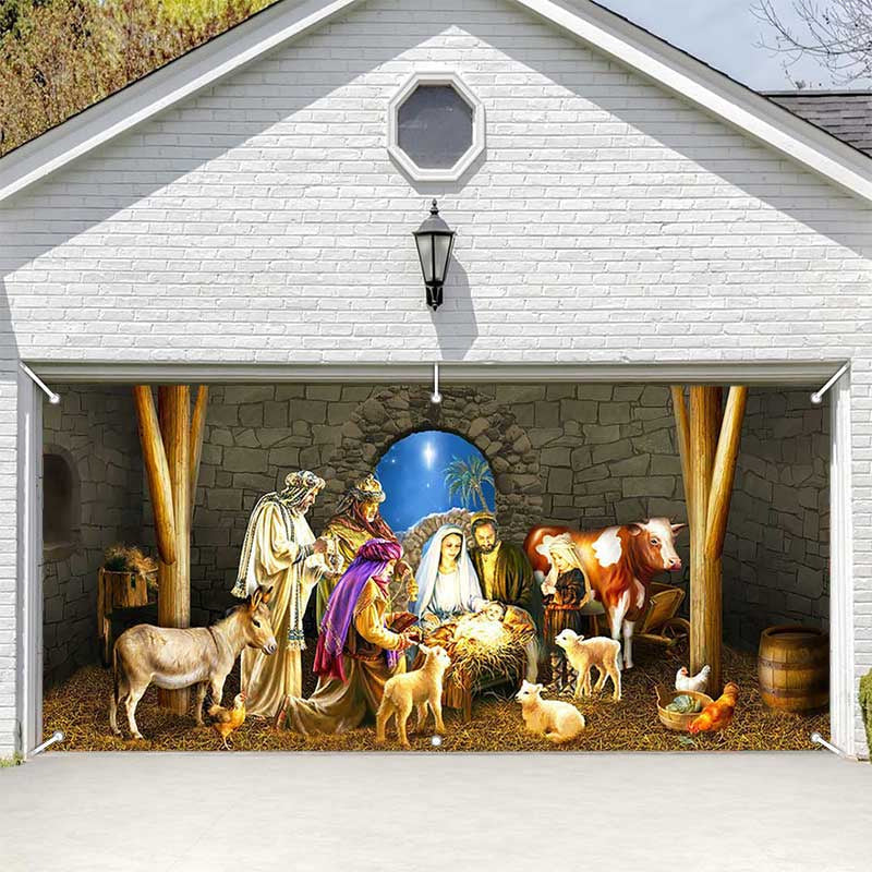 Aperturee Starry Night Stone Shed Nativity Garage Door Banner