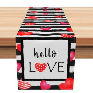 Aperturee Stripe Hearts Hello Love Valentines Day Table Runner | Table Runner For Dining Table | Printed Table Runner | Seasonal Printed Table Runner