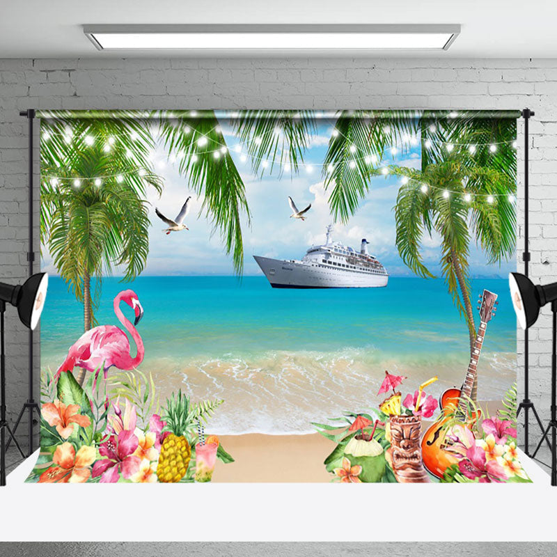Aperturee Summer Flamingo Trees Sandy Beach Scenery Backdrop