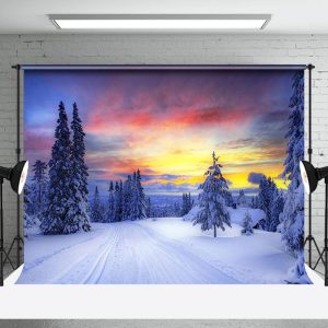 Aperturee Sunset Glow Winter Snowy Field Trees Photo Backdrop