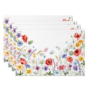 Aperturee Sweet Spring Floral and Butterfly Placemats Set of 4, for Garden Party and Whimsical Kitchen Decor, 14x12in (WxH), 15.8 USD, placemats, CD