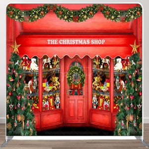 Aperturee Trees And Red Christmas Shop Party Backdrop Cover - Aperturee