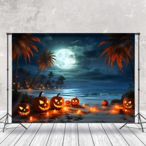 Aperturee Tropical Beach Full Moon Pumpkin Halloween Backdrop - Aperturee