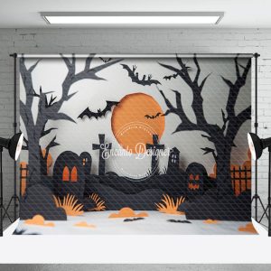 Aperturee Trunks Bats Orange Moon Cemetery Halloween Backdrop - Aperturee