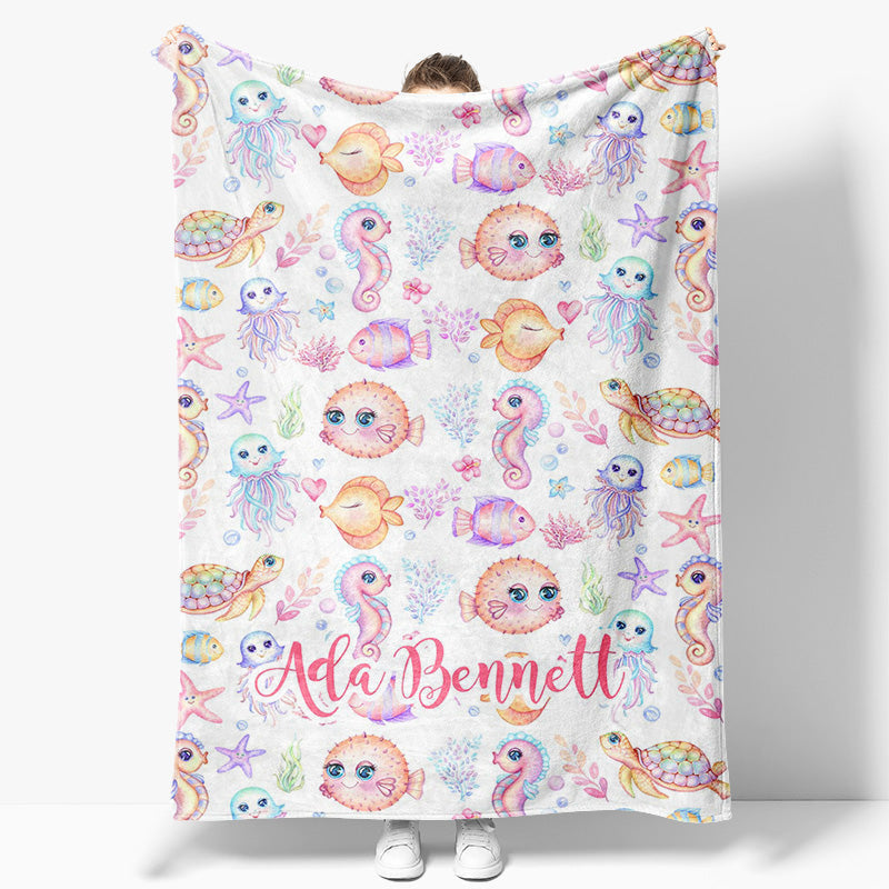 Aperturee Undersea Colorful Animals Plants Custom Name Blanket - Aperturee