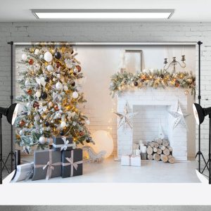 Aperturee White Bricks Fireplace Xmas Tree Christmas Backdrop