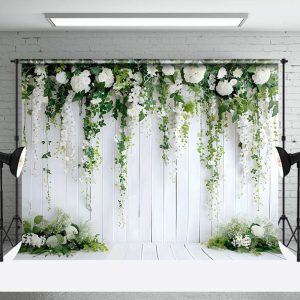 Aperturee White Flower Green Plant Decorative Wall Backdrop