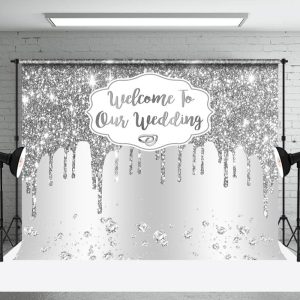 Aperturee White Silver Glitter Welcome To Our Wedding Backdrop