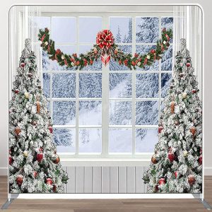 Aperturee White Snow Trees And Window Merry Christmas Backdrop - Aperturee