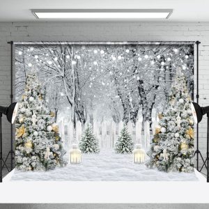 Aperturee White Snowy Forest Scene Fence Xmas Trees Backdrop