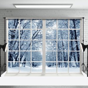 Aperturee White Window Snowy Forest Winter Scenery Backdrop - Aperturee