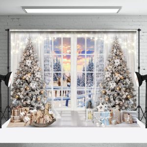 Aperturee White Window Sunset Tree Elk Snow Christmas Backdrop