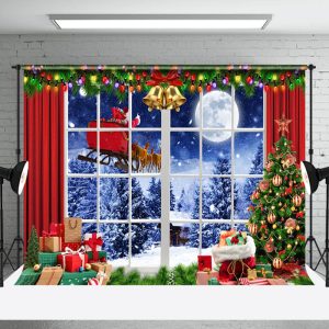 Aperturee Window Red Curtain Christmas Eve Party Backdrop