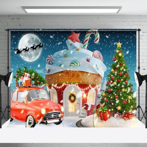Aperturee Winter Candyland Red Car Tree Christmas Backdrop - Aperturee