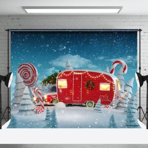 Aperturee Winter Snowy Field Red Bus House Christmas Backdrop - Aperturee