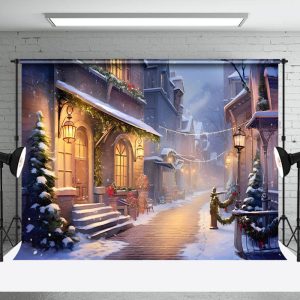 Aperturee Winter Snowy Lane Decorated Houses Festive Backdrop