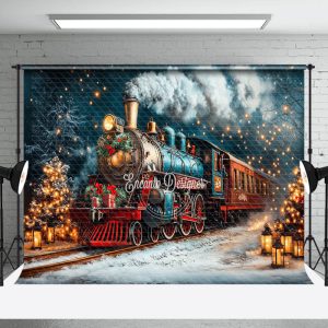 Aperturee Winter Snowy Night Retro Train Christmas Backdrop - Aperturee