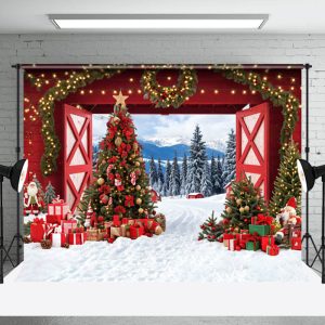 Aperturee Winter Wild Field Red Gate Trees Christmas Backdrop - Aperturee
