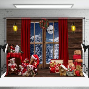 Aperturee Wood Grain Window Snow Mountain Moon Christmas Backdrop - Aperturee