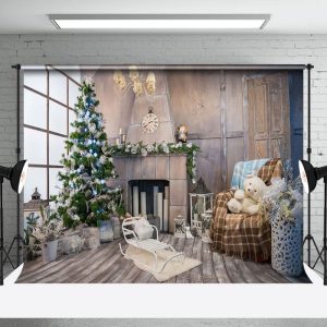 Aperturee Wooden Room Window Xmas Trees Christmas Backdrop
