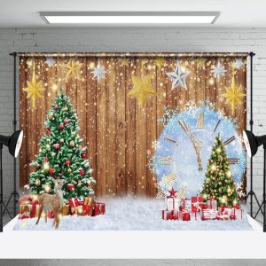 Aperturee Wooden Xmas Tree Elk Snowy Clock Christmas Backdrop - Aperturee