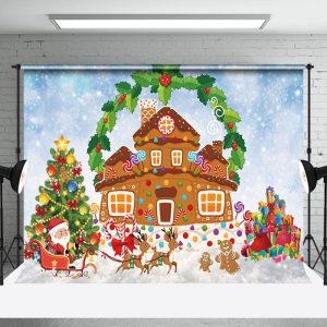 Aperturee Wreath Gingerbread House Carriage Christmas Backdrop - Aperturee