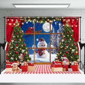 Aperturee Xmas Night Window Snowman Christmas Tree Backdrop - Aperturee