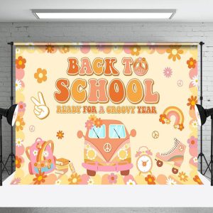 Aperturee Yellow Floral Car Groovy Back To School Backdrop - Aperturee