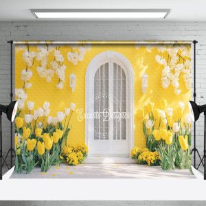Aperturee Yellow House White Door Floral Spring Photo Backdrop | Spring Photo Back Drop | Spring Backdrops For Photography | Spring Themed Backdrop