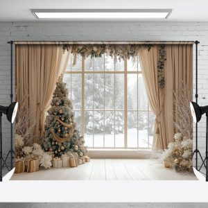 Beige Curtain Xmas Tree Window Scene Photo Backdrop - Aperturee