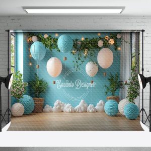 Blue Balloons Greenery Clouds Cake Smash Backdrop - Aperturee
