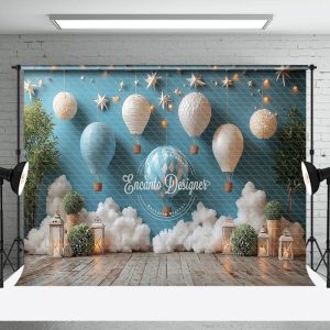 Blue Hot Air Balloon Starry Wall Cake Smash Backdrop - Aperturee