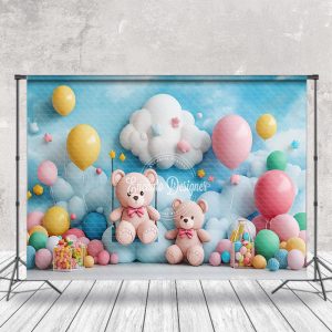 Blue Sky Cloud Balloons Bears Cake Smash Backdrop - Aperturee