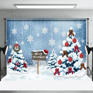 Blue Snowflakes Wreath Pine Tree Christmas Backdrop - Aperturee