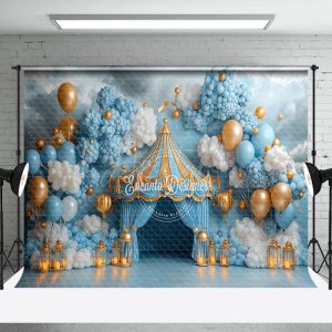 Blue White Balloons Circus Tent Cake Smash Backdrop - Aperturee