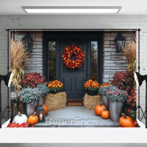 Bricks Door Porch Floral Pumpkin Autumn Backdrop - Aperturee