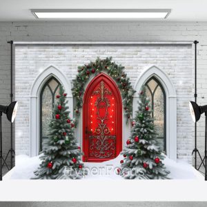 Bricks House Red Door Tree Christmas Vibe Backdrop - Aperturee