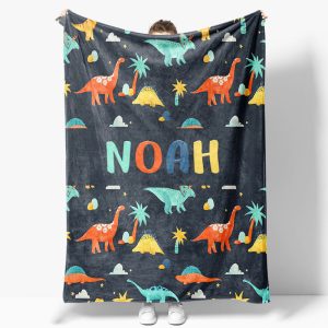 Colorful Dinosaurs Navy Blue Custom Name Blanket - Aperturee
