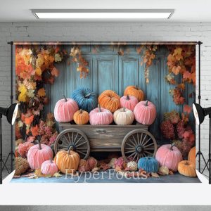 Colorful Pumpkins Blue Wall Maple Autumn Backdrop - Aperturee