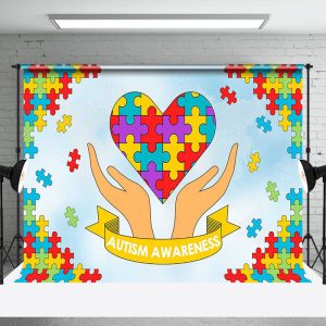 Colorful Puzzles Heart Autism Awareness Backdrop - Aperturee