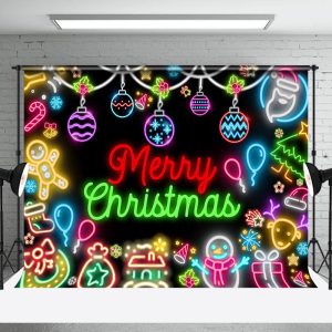 Cute Colorful Neon Black Merry Christmas Backdrop - Aperturee