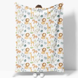 Dense Cute Safari Animals Leaf Custom Name Blanket - Aperturee