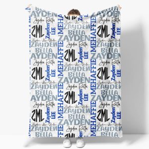 Dense Repeated Blue Grey Custom Family Name Blanket - Aperturee